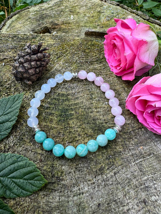 Tranquil Essence Amazonite, Pink Quartz, and White Agate Bracelet